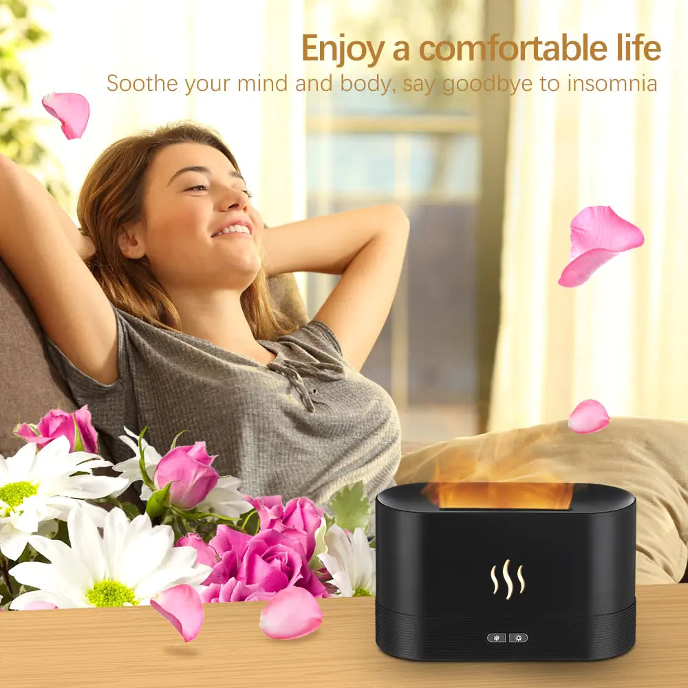 Bedroom Fragrance Flame Diffuser Essential Oil Diffuser Ultrasonic Air Humidifier Soft Light Therapy